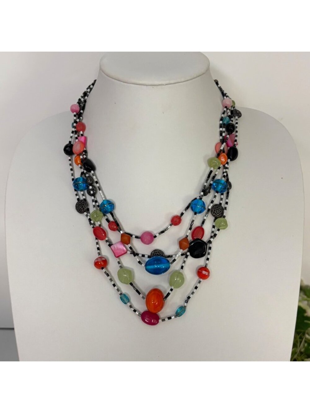 Chicos Colorful Beaded Layered Necklace Black White Statement Eclectic Artsy Fun